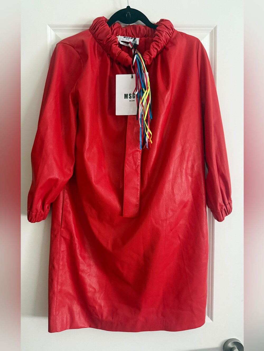 MSGM Red Faux Leather Ruffle Neck Dress (EU 40 US M)
